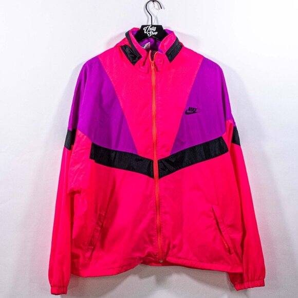 Nike Swoosh Neon Color Block Windbreaker Jacket Hood XL VTG 90s Retro - Picture 1 of 10